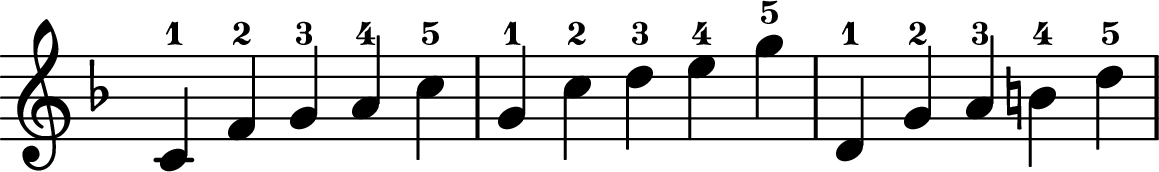 <<
\transpose c f \relative c' {
\key c \major
\time 5/4
\omit Staff.TimeSignature
g-1 c-2 d-3 e-4 g-5
|
d-1 g-2 a-3 b-4 d-5
|
a,-1 d-2 e-3 fis-4 a-5
}
>>