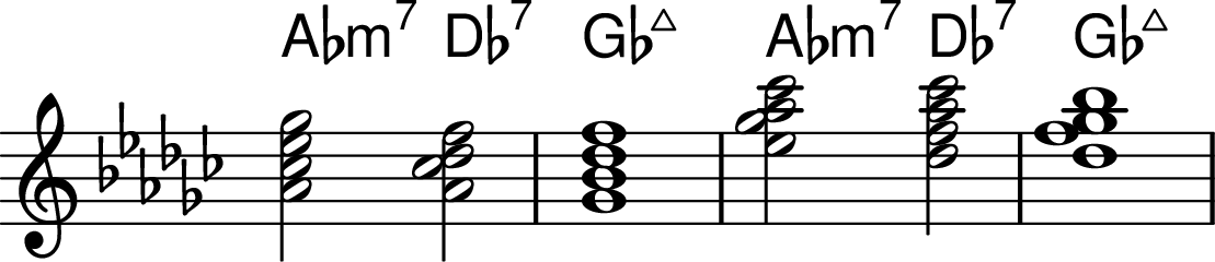 <<
\transpose c ges \chords { d2:m7 g2:7 c1:maj7 d2:m7 g2:7 c1:maj7 }
\transpose c ges \chordmode {
\key c \major
\omit Staff.TimeSignature
d2:m7 g2:7/d c1:maj7 \invertChords 2 { d2:m7 g2:7/d c1:maj7 }
}
>>