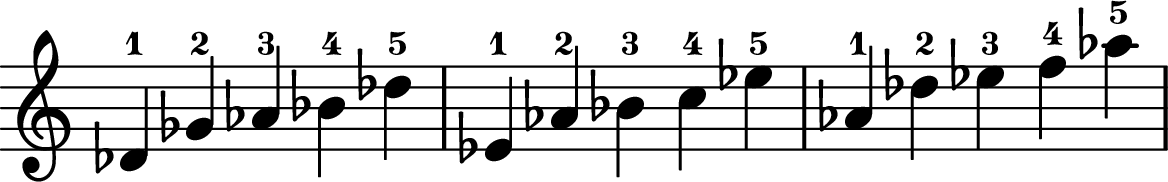 <<
\transpose c c \relative c' {
\key c \major
\time 5/4
\omit Staff.TimeSignature
des-1 ges-2 aes-3 bes-4 des-5
ees,-1 aes-2 bes-3 c-4 ees-5
aes,-1 des-2 ees-3 f-4 aes-5
}
>>
