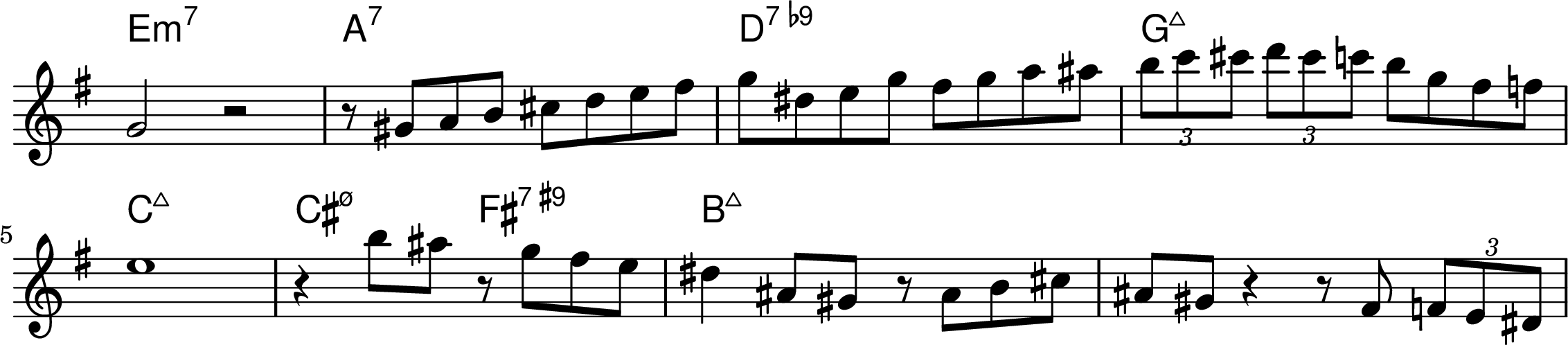 <<
\transpose f g { \chords {
  d1:min7 g:7 c:7.9- f:maj7 
  bes:maj7 b2:min7.5- e:7.9+ a:maj7
} }
\transpose f g { \relative f' { 
\key f \major
\time 4/4
\omit Staff.TimeSignature
  f2 r2 r8 fis8 g a b c d e f cis d f e f g gis 
  \tuplet 3/2 {a bes b}  \tuplet 3/2 {c b bes} a f e ees
\break
  d1 r4 a'8 gis r8 f e d cis4 gis8 fis r8 gis a b gis fis r4 r8 e \tuplet 3/2 {ees d cis} 
} }
>>
