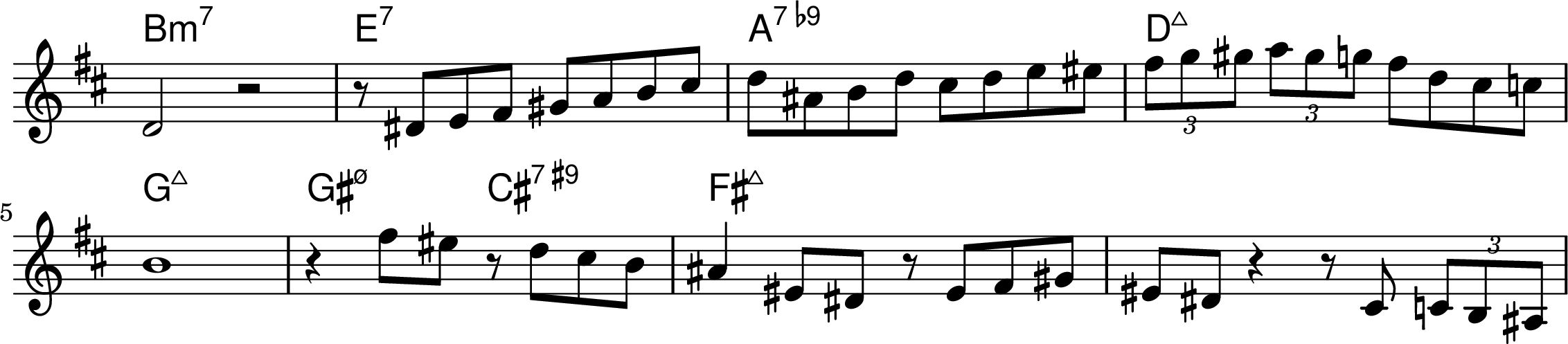 <<
\transpose f d { \chords {
  d1:min7 g:7 c:7.9- f:maj7 
  bes:maj7 b2:min7.5- e:7.9+ a:maj7
} }
\transpose f d { \relative f' { 
\key f \major
\time 4/4
\omit Staff.TimeSignature
  f2 r2 r8 fis8 g a b c d e f cis d f e f g gis 
  \tuplet 3/2 {a bes b}  \tuplet 3/2 {c b bes} a f e ees
\break
  d1 r4 a'8 gis r8 f e d cis4 gis8 fis r8 gis a b gis fis r4 r8 e \tuplet 3/2 {ees d cis} 
} }
>>