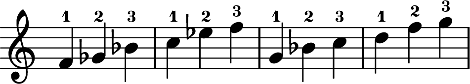 <<
\transpose c c \relative c' {
\key c \major
\time 3/4
\omit Staff.TimeSignature
f-1 ges-2 bes-3 | c-1 ees-2 f-3
|
g,-1 bes-2 c-3 | d-1 f-2 g-3
}
>>