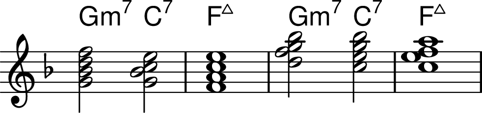 <<
\transpose c f \chords { d2:m7 g2:7 c1:maj7 d2:m7 g2:7 c1:maj7 }
\transpose c f \chordmode {
\key c \major
\omit Staff.TimeSignature
d2:m7 g2:7/d c1:maj7 \invertChords 2 { d2:m7 g2:7/d c1:maj7 }
}
>>