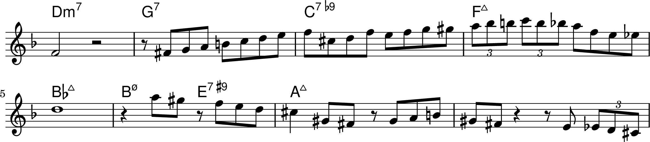 <<
\transpose f f { \chords {
  d1:min7 g:7 c:7.9- f:maj7 
  bes:maj7 b2:min7.5- e:7.9+ a:maj7
} }
\transpose f f { \relative f' { 
\key f \major
\time 4/4
\omit Staff.TimeSignature
  f2 r2 r8 fis8 g a b c d e f cis d f e f g gis 
  \tuplet 3/2 {a bes b}  \tuplet 3/2 {c b bes} a f e ees
\break
  d1 r4 a'8 gis r8 f e d cis4 gis8 fis r8 gis a b gis fis r4 r8 e \tuplet 3/2 {ees d cis} 
} }
>>