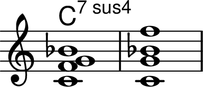 <<
\chords { c1:7sus4 }
\relative {
\key c \major \omit Staff.TimeSignature
< c' f g bes >1 < c g' bes f'>
}
>>