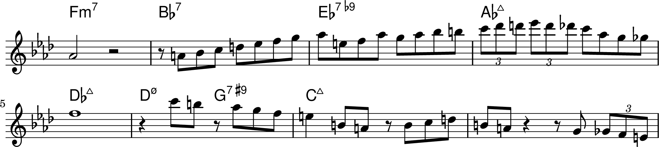 <<
\transpose f aes { \chords {
  d1:min7 g:7 c:7.9- f:maj7 
  bes:maj7 b2:min7.5- e:7.9+ a:maj7
} }
\transpose f aes { \relative f' { 
\key f \major
\time 4/4
\omit Staff.TimeSignature
  f2 r2 r8 fis8 g a b c d e f cis d f e f g gis 
  \tuplet 3/2 {a bes b}  \tuplet 3/2 {c b bes} a f e ees
\break
  d1 r4 a'8 gis r8 f e d cis4 gis8 fis r8 gis a b gis fis r4 r8 e \tuplet 3/2 {ees d cis} 
} }
>>