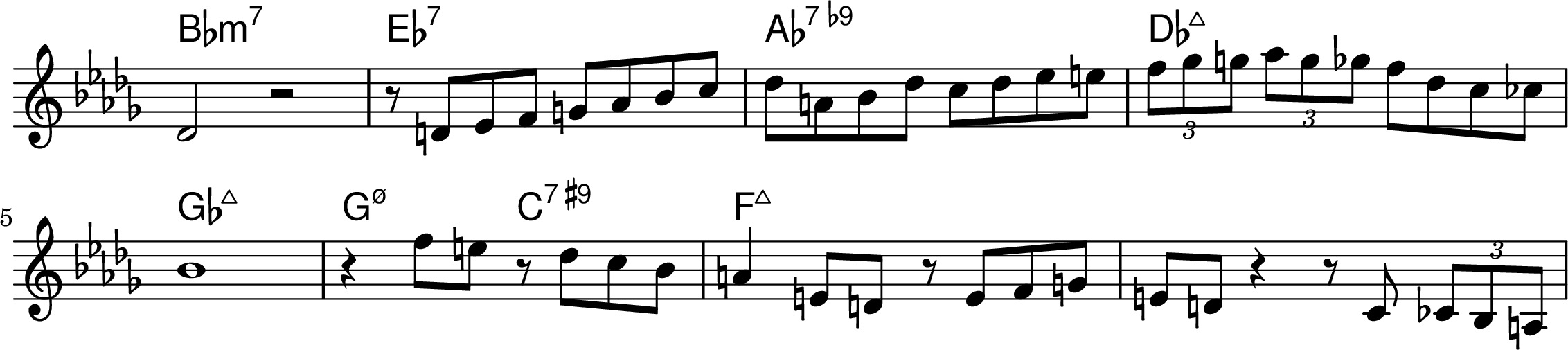 <<
\transpose f des { \chords {
  d1:min7 g:7 c:7.9- f:maj7 
  bes:maj7 b2:min7.5- e:7.9+ a:maj7
} }
\transpose f des { \relative f' { 
\key f \major
\time 4/4
\omit Staff.TimeSignature
  f2 r2 r8 fis8 g a b c d e f cis d f e f g gis 
  \tuplet 3/2 {a bes b}  \tuplet 3/2 {c b bes} a f e ees
\break
  d1 r4 a'8 gis r8 f e d cis4 gis8 fis r8 gis a b gis fis r4 r8 e \tuplet 3/2 {ees d cis} 
} }
>>