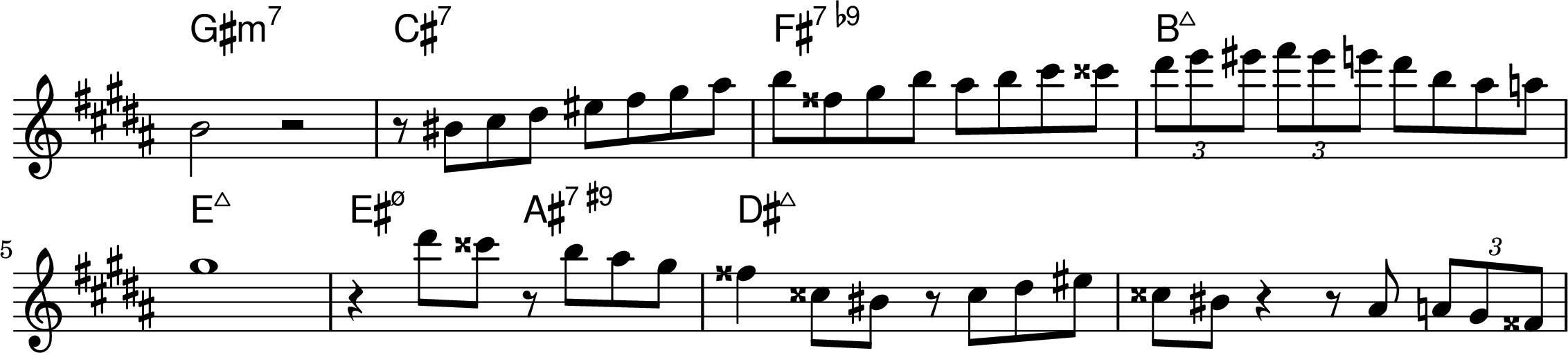 <<
\transpose f b { \chords {
  d1:min7 g:7 c:7.9- f:maj7 
  bes:maj7 b2:min7.5- e:7.9+ a:maj7
} }
\transpose f b { \relative f' { 
\key f \major
\time 4/4
\omit Staff.TimeSignature
  f2 r2 r8 fis8 g a b c d e f cis d f e f g gis 
  \tuplet 3/2 {a bes b}  \tuplet 3/2 {c b bes} a f e ees
\break
  d1 r4 a'8 gis r8 f e d cis4 gis8 fis r8 gis a b gis fis r4 r8 e \tuplet 3/2 {ees d cis} 
} }
>>