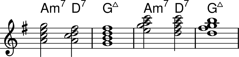 <<
\transpose c g \chords { d2:m7 g2:7 c1:maj7 d2:m7 g2:7 c1:maj7 }
\transpose c g \chordmode {
\key c \major
\omit Staff.TimeSignature
d2:m7 g2:7/d c1:maj7 \invertChords 2 { d2:m7 g2:7/d c1:maj7 }
}
>>