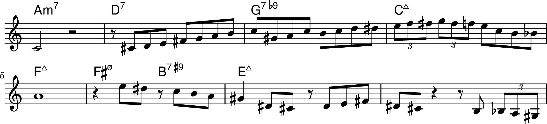 <<
\transpose f c { \chords {
  d1:min7 g:7 c:7.9- f:maj7 
  bes:maj7 b2:min7.5- e:7.9+ a:maj7
} }
\transpose f c { \relative f' { 
\key f \major
\time 4/4
\omit Staff.TimeSignature
  f2 r2 r8 fis8 g a b c d e f cis d f e f g gis 
  \tuplet 3/2 {a bes b}  \tuplet 3/2 {c b bes} a f e ees
\break
  d1 r4 a'8 gis r8 f e d cis4 gis8 fis r8 gis a b gis fis r4 r8 e \tuplet 3/2 {ees d cis} 
} }
>>