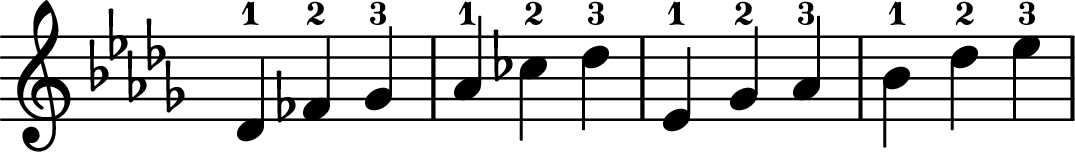 <<
\transpose c des \relative c' {
\key c \major
\time 3/4
\omit Staff.TimeSignature
c-1 ees-2 f-3 g-1 bes-2 c-3
||
d,-1 f-2 g-3 a-1 c-2 d-3
}
>>