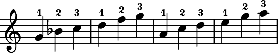 <<
\transpose c c \relative c' {
\key c \major
\time 3/4
\omit Staff.TimeSignature
g'-1 bes-2 c-3 | d-1 f-2 g-3
|
a,-1 c-2 d-3 | e-1 g-2 a-3
}
>>