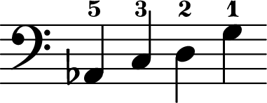 << 
\transpose c c \relative c {
\clef "bass"
\key c \major 
\time 5/4
\omit Staff.TimeSignature
aes-5 c-3 d-2 g-1
}
>>
