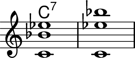 <<
\chords { c1:7 }
\relative {
\key c \major \omit Staff.TimeSignature
< c' ees' bes > < c ees' bes' >
}
>>