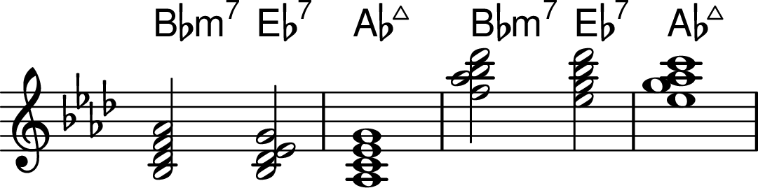 <<
\transpose c aes \chords { d2:m7 g2:7 c1:maj7 d2:m7 g2:7 c1:maj7 }
\transpose c aes \chordmode {
\key c \major
\omit Staff.TimeSignature
d,2:m7 g,2:7/d c,1:maj7 \invertChords 2 { d2:m7 g2:7/d c1:maj7 }
}
>>