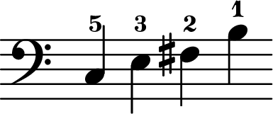 <<
\transpose c c \relative c {
\clef "bass"
\key c \major
\time 5/4
\omit Staff.TimeSignature
c-5 e-3 fis-2 b-1
}
>>