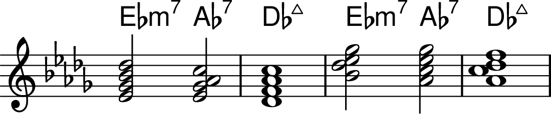 <<
\transpose c des \chords { d2:m7 g2:7 c1:maj7 d2:m7 g2:7 c1:maj7 }
\transpose c des \chordmode {
\key c \major
\omit Staff.TimeSignature
d2:m7 g2:7/d c1:maj7 \invertChords 2 { d2:m7 g2:7/d c1:maj7 }
}
>>