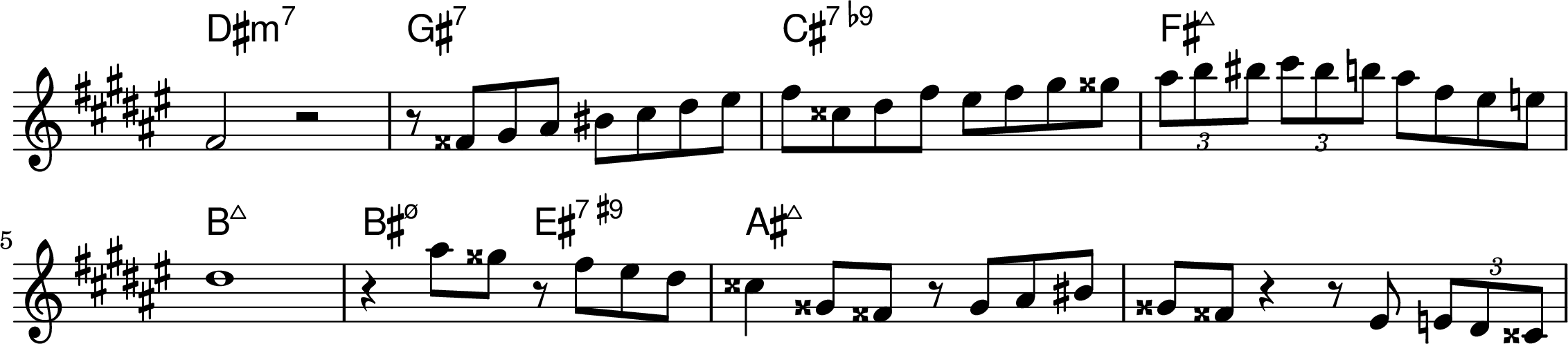 <<
\transpose f fis { \chords {
  d1:min7 g:7 c:7.9- f:maj7 
  bes:maj7 b2:min7.5- e:7.9+ a:maj7
} }
\transpose f fis { \relative f' { 
\key f \major
\time 4/4
\omit Staff.TimeSignature
  f2 r2 r8 fis8 g a b c d e f cis d f e f g gis 
  \tuplet 3/2 {a bes b}  \tuplet 3/2 {c b bes} a f e ees
\break
  d1 r4 a'8 gis r8 f e d cis4 gis8 fis r8 gis a b gis fis r4 r8 e \tuplet 3/2 {ees d cis} 
} }
>>