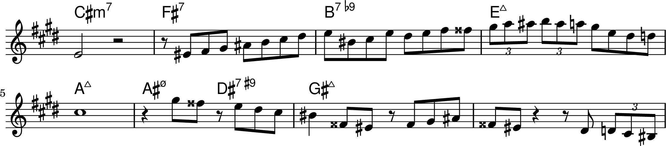 <<
\transpose f e { \chords {
  d1:min7 g:7 c:7.9- f:maj7 
  bes:maj7 b2:min7.5- e:7.9+ a:maj7
} }
\transpose f e { \relative f' { 
\key f \major
\time 4/4
\omit Staff.TimeSignature
  f2 r2 r8 fis8 g a b c d e f cis d f e f g gis 
  \tuplet 3/2 {a bes b}  \tuplet 3/2 {c b bes} a f e ees
\break
  d1 r4 a'8 gis r8 f e d cis4 gis8 fis r8 gis a b gis fis r4 r8 e \tuplet 3/2 {ees d cis} 
} }
>>