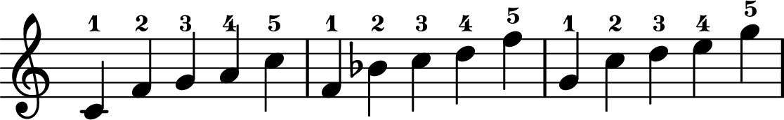 <<
\transpose c c \relative c' {
\key c \major
\time 5/4
\omit Staff.TimeSignature
c-1 f-2 g-3 a-4 c-5
f,-1 bes-2 c-3 d-4 f-5
g,-1 c-2 d-3 e-4 g-5
}
>>