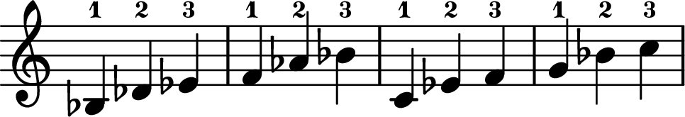 <<
\transpose c c \relative c' {
\key c \major
\time 3/4
\omit Staff.TimeSignature
bes-1 des-2 ees-3 | f-1 aes-2 bes-3
|
c,-1 ees-2 f-3 | g-1 bes-2 c-3
}
>>