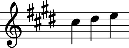 <<

\transpose c e {  \relative c' { \key c \major \time 4/4 \omit Staff.TimeSignature a' b c }  }
>>