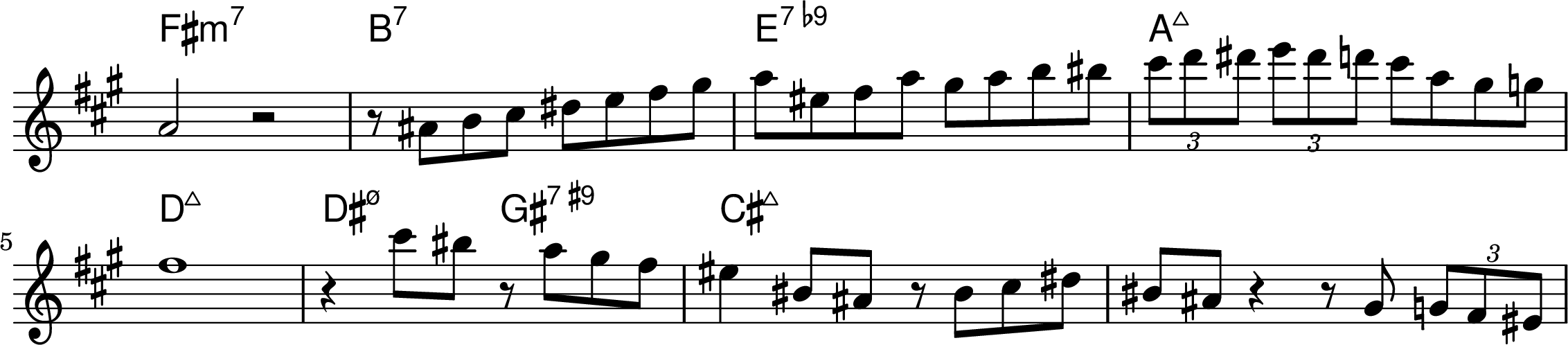 <<
\transpose f a { \chords {
  d1:min7 g:7 c:7.9- f:maj7 
  bes:maj7 b2:min7.5- e:7.9+ a:maj7
} }
\transpose f a { \relative f' { 
\key f \major
\time 4/4
\omit Staff.TimeSignature
  f2 r2 r8 fis8 g a b c d e f cis d f e f g gis 
  \tuplet 3/2 {a bes b}  \tuplet 3/2 {c b bes} a f e ees
\break
  d1 r4 a'8 gis r8 f e d cis4 gis8 fis r8 gis a b gis fis r4 r8 e \tuplet 3/2 {ees d cis} 
} }
>>
