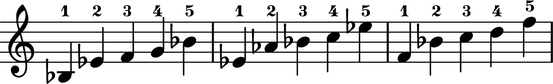 <<
\transpose c c \relative c' {
\key c \major
\time 5/4
\omit Staff.TimeSignature
bes-1 ees-2 f-3 g-4 bes-5
ees,-1 aes-2 bes-3 c-4 ees-5
f,-1 bes-2 c-3 d-4 f-5
}
>>