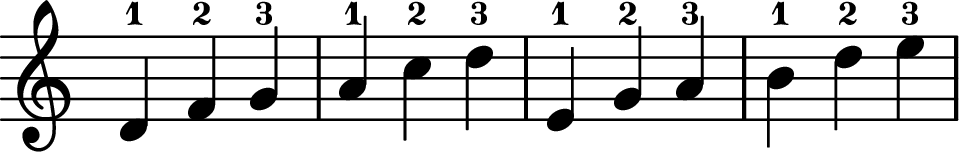 <<
\transpose c c \relative c' {
\key c \major
\time 3/4
\omit Staff.TimeSignature
d-1 f-2 g-3 | a-1 c-2 d-3
|
e,-1 g-2 a-3 | b-1 d-2 e-3
}
>>