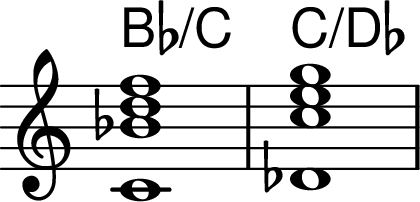 <<
\chords { bes1/c c/des }
\relative {
\key c \major \omit Staff.TimeSignature
< c' bes' d f >1 < des c' e g >
}
>>