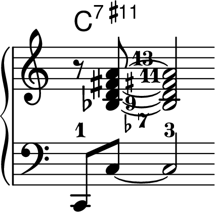 
\new PianoStaff <<

\chords {
c1:7.11+
}
\new Staff
\relative c' {
\key c \major \time 4/4 \omit Staff.TimeSignature
\set fingeringOrientations = #'(right)
\override Fingering.font-size = #-3
r8 <bes\finger \markup {\flat "7"} d-9 fis\finger \markup {\sharp "11"} a-13>8~ 2
}

\new Staff
\relative c {
\clef bass \key c \major \time 4/4 \omit Staff.TimeSignature
\set fingeringOrientations = #'(right)
\override Fingering.font-size = #-3
c,8-1 c'8~ 2-3
}
>>
