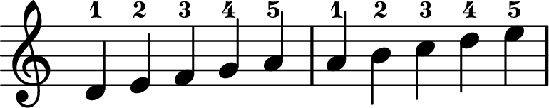 <<
\transpose c c \relative c' {
\key c \major
\time 5/4
\omit Staff.TimeSignature
d-1 e-2 f-3 g-4 a-5
a-1 b-2 c-3 d-4 e-5
}
>>