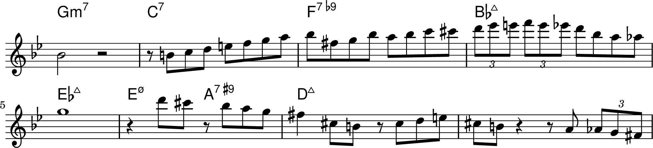 <<
\transpose f bes { \chords {
  d1:min7 g:7 c:7.9- f:maj7 
  bes:maj7 b2:min7.5- e:7.9+ a:maj7
} }
\transpose f bes { \relative f' { 
\key f \major
\time 4/4
\omit Staff.TimeSignature
  f2 r2 r8 fis8 g a b c d e f cis d f e f g gis 
  \tuplet 3/2 {a bes b}  \tuplet 3/2 {c b bes} a f e ees
\break
  d1 r4 a'8 gis r8 f e d cis4 gis8 fis r8 gis a b gis fis r4 r8 e \tuplet 3/2 {ees d cis} 
} }
>>