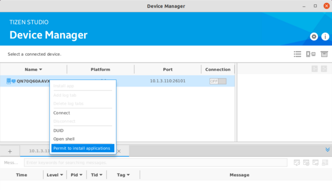 Permit to install applications in Tizen device manager